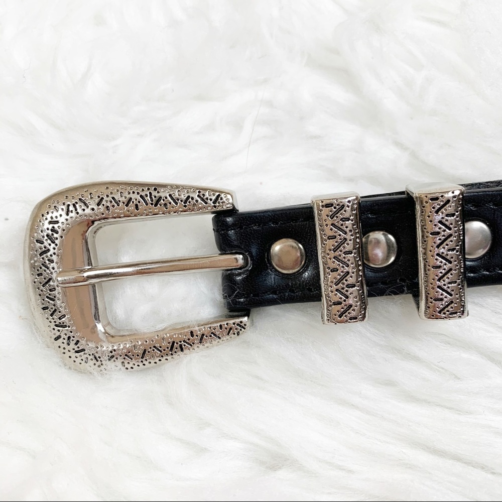 BRIGHTON black leather BOHO belt silver oval 40 - Picture 1 of 8